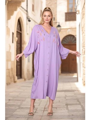 Modanı Seç Lila V Yaka Önü Nota Nakışlı Cepli Oversize Uzun Gömlek Elbise
