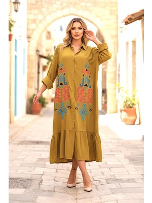 Modanı Seç Hardal Rengi Otantik Nakışlı Kolu Apoletli Eteği Fırfırlı Uzun Gömlek Elbise