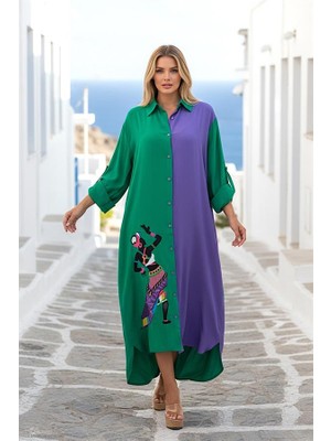 Modanı Seç Yeşil Mor Garnili Eteği Kadın Figürü Nakışlı Uzun Gömlek Elbise