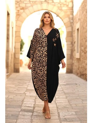 Modanı Seç Siyah Leopar Desen Renk Bloklu Yıldız Aplike Nakışlı Cepli Oversize Uzun Elbise