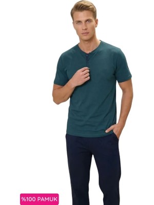 Erkek 3 Düğmeli %100 Pamuk Yazlık Kısa Kol Cepli Pijama Takımı