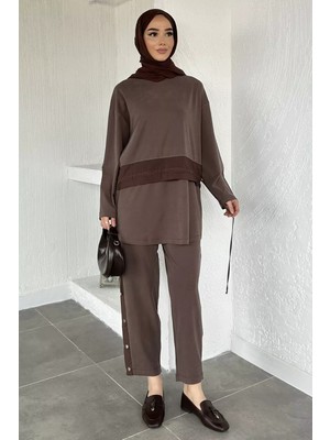 Julude Puane Bel Bağlamalı Tunik Bel Lastikli Pantolon Tesettür Ikili Takım P-00020568