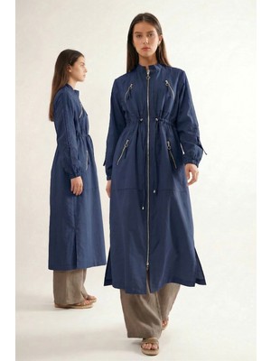 Ceremony Hakim Yaka Beli Büzgülü Önden Fermuar Detaylı Safari Kap Ceket 822 Lacivert