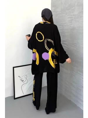 Modanı Seç Gold Siyah Sırtı ve Pantolonu Desenli Tunik Bluz Pantolon Üçlü Takım