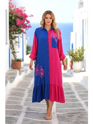 Modanı Seç Saks Mavi Pembe Garnili Önü ve Eteği Nakışlı Kolu Apoletli Uzun Gömlek Elbise