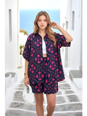 Modanı Seç Fuşya Desenli Gömleği Kısa Kollu Gömlek Şort Takım