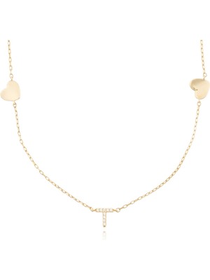 Berk Mücevherat 14 Ayar Altın Taşlı Kalpli Kolye T Harfi