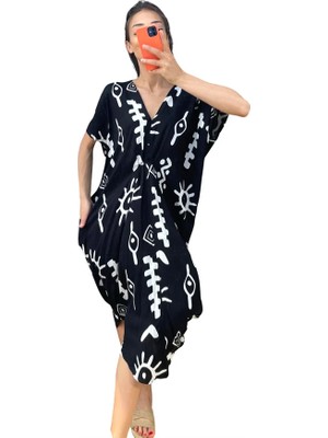 Modanı Seç Siyah Balık Desenli V Yaka Tasarım Cepli Elbise