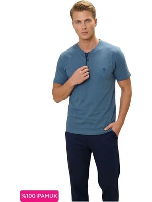 Erkek 3 Düğmeli %100 Pamuk Yazlık Kısa Kol Cepli Pijama Takımı