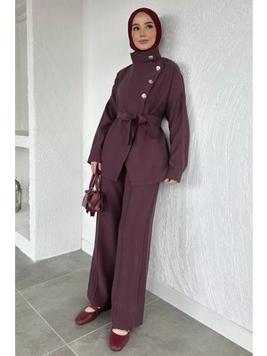 Julude Düğme Detaylı Kuşaklı Tunik Pantolon Tesettür Ikili Takım P-00020586
