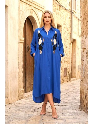 Modanı Seç Saks Mavi Önü Pul Payet Aplike Nakışlı Kolu Apoletli Uzun Gömlek Elbise
