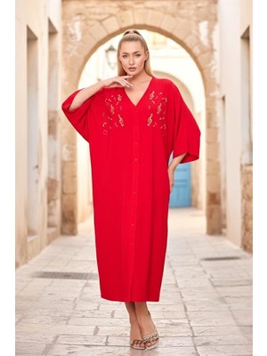 Modanı Seç Kırmızı V Yaka Önü Nota Nakışlı Cepli Oversize Uzun Gömlek Elbise