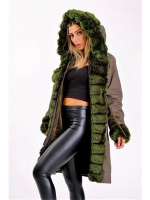 Modanı Seç Yeşil Su Geçirmez Kapüşonlu Içi Kürklü Uzun Kaban