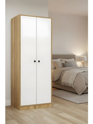 Misterium Moderno 2 Kapaklı 5 Raflı Askılıklı Gardırop - Safir Meşe Modüler Elbise Dolabı
