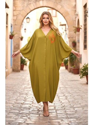 Modanı Seç Hardal Rengi V Yaka Göğsü Nota Nakışlı Cepli Oversize Uzun Gömlek Elbise