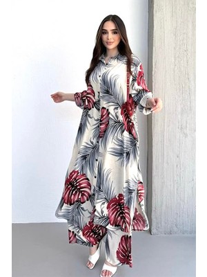 Modanı Seç Bordo Desenli Cepli Beli Lastikli Gömlek Pantolon Kaftan Takım