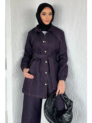Julude Gülseli Uzun Yakalı Kot Tunik Pantolon Tesettür Ikili Takım P-00020540