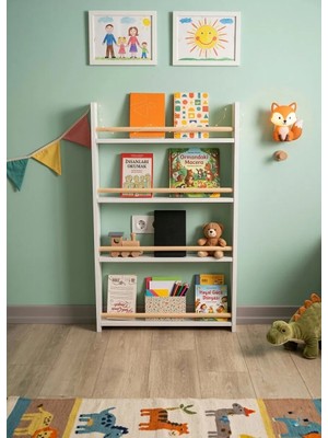 GAFhaus Gaf Haus Modern Montessori Kitaplık - 3 Raflı Duvara Monte Çocuk Odası Ahşap Kitap Rafı Beyaz