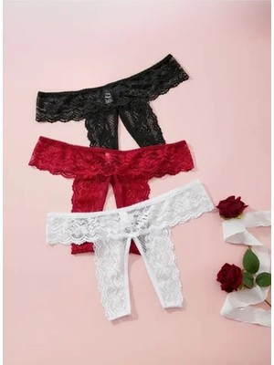 İlkyaz Fashion Tegan Büyük Beden Fantezi Kadın 3'lü Özel Bölgeleri Açık Dantelli Tanga Seti TG270045-B