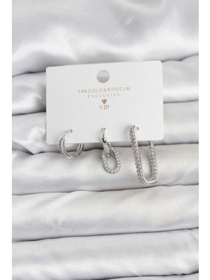İlkyaz Fashion Gümüş Renk Zirkon Taşlı 3'lü Kadın Küpe Seti - TJ-BKP11450