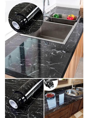 İlkyaz Fashion Siyah Yapışkanlı Kaplama Kağıdı Mermer Desenli Büyük Boy 5 Metre