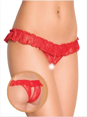 İlkyaz Fashion Tegan Fantezi Üstü Fırfırlı Ağı Açık Kırmızı Dantel Tanga - String TG270020