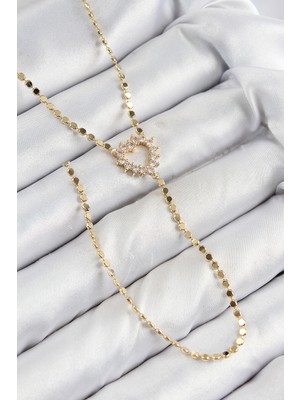 İlkyaz Fashion Pirinç Zirkon Taşlı Ezme Zincirli Kalp Model Gold Renk Y Kolye - TJ-BKO10461