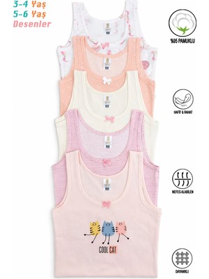 Özkan 41600 5'li Paket Kız Çocuk Karışık Renkli Desenli Pamuklu Yumuşak Rahat Kalın Askılı Atlet