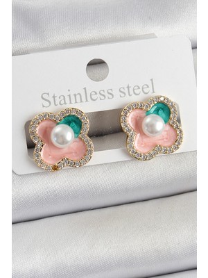 İlkyaz Fashion Pirinç Pembe Mineli Inci Detaylı Zirkon Taşlı Sanatsal Portre Yonca Model Gold Renk Kadın Küp