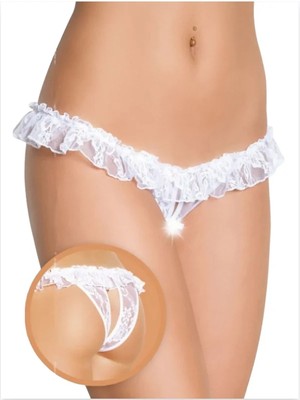 İlkyaz Fashion Tegan Fantezi Üstü Fırfırlı Ağı Açık Beyaz Dantel Tanga - String TG270021