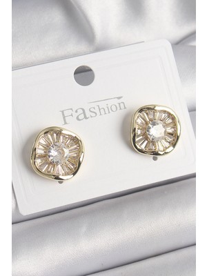 İlkyaz Fashion Pirinç Gold Renk Zirkon Taşlı Yonca Model Kadın Küpe - TJ-BKP9850