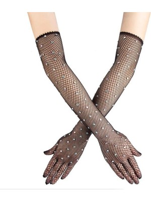 İlkyaz Fashion Siyah Renk Incili Elmas Işlemeli File Örgü Uzun Eldiven 45 cm