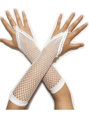 İlkyaz Fashion Beyaz Renk Parmak Arası File Örgü Eldiven 26 cm
