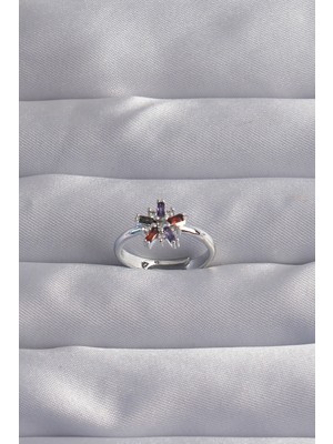 İlkyaz Fashion Pirinç Gümüş Renk Renkli Zirkon Taşlı Ayarlamalı Yüzük - TJ-BYK3256