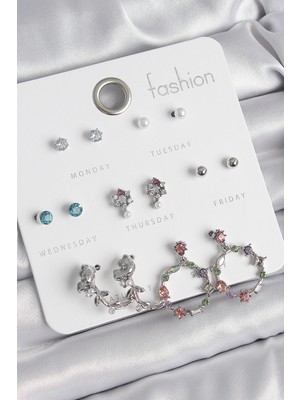 İlkyaz Fashion Pirinç Gümüş Renk Zirkon Taşlı Gül Figür Halka Model 7 Çift Kadın Küpe Seti - TJ-BKP10544