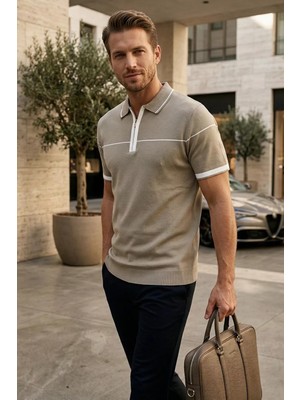Erkek Yarım Fermuarlı Polo Yaka Likralı Triko Tişört P-00020492