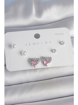 İlkyaz Fashion Pirinç Gümüş Renk Pembe Zirkon Taşlı Kalp Model Inci Detay 925 Ayar Gümüş Çivi Kadın Kü