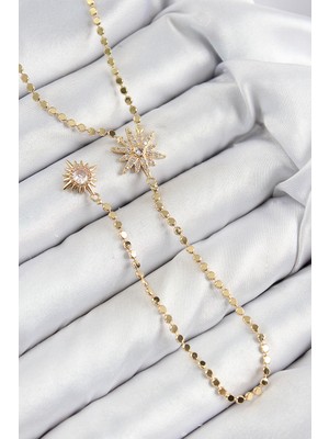 İlkyaz Fashion Pirinç Zirkon Taşlı Ezme Zincirli Kutup Yıldızı Model Gold Renk Y Kolye - TJ-BKO10469