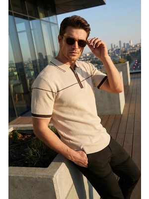 Erkek Yarım Fermuarlı Polo Yaka Likralı Triko Tişört P-00020492