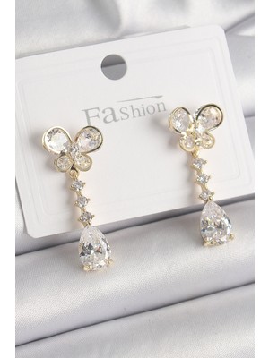 İlkyaz Fashion Pirinç Gold Renk Zirkon Taşlı Model Sallantı Damla Zirkon Taş Kadın Küpe - TJ-BKP9860