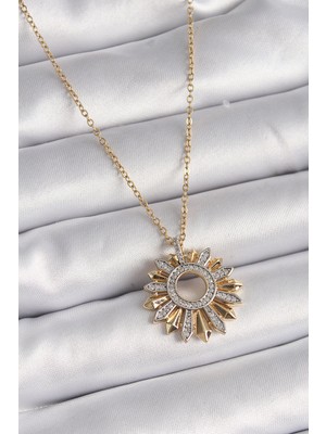 İlkyaz Fashion 316L Çelik Gold Renk Zincir Zirkon Taşlı Mix Renk Güneş Model Kadın Kolye - TJ-BKO9477