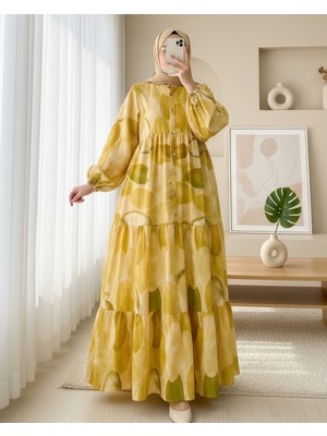 Modamorfo Daire Desen Yarım Düğmeli Kolu Lastikli Elbise -Sarı