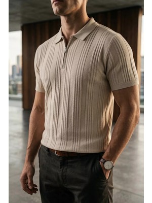 Erkek Yarım Fermuarlı Desenli Triko Tişört P-00020715