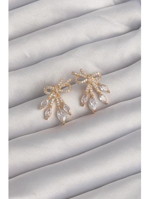 İlkyaz Fashion Pirinç Gold Renk Zirkon Taşlı Fiyonk Küpe - TJ-BKP9293