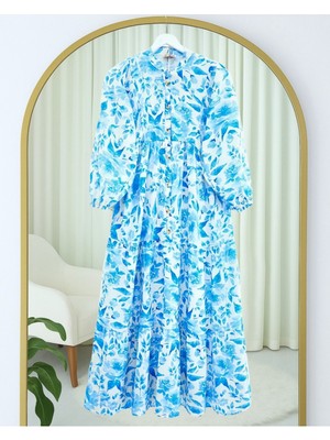 Modamorfo Küçük Yaprak Desen Yarım Düğmeli Kolu Lastikli Elbise -Mavi