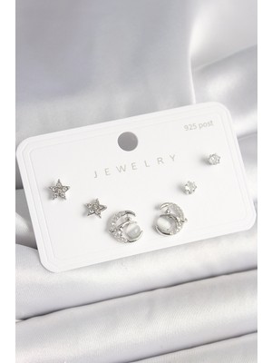 İlkyaz Fashion 925 Ayar Gümüş Çivi Zirkon Taşlı Hilal Yıldız Model Kadın Küpe Seti - TJ-BKP10398