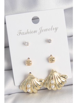 İlkyaz Fashion Pirinç Gold Renk Zirkon Taşlı Inci Detaylı Deniz Kabuğu Model 3 Çift Kadın Küpe Seti - Tj-B