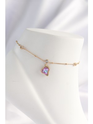 İlkyaz Fashion 316L Çelik Gold Renk Renkli Zirkon Taşlı Kalp Halhal - TJ-HH1609