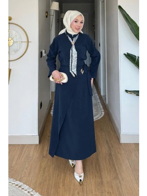 Tesettür Diyarı Glowe Tansel Kumaş Broşlu Anvelop Etek-Gömlek Tesettür Takım- Lacivert