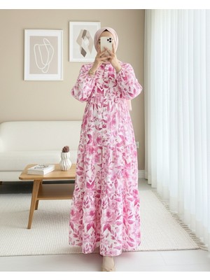 Modamorfo Küçük Yaprak Desen Yarım Düğmeli Kolu Lastikli Elbise -Fuşya